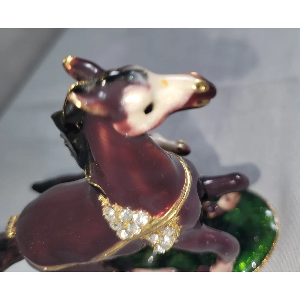 Enamel Metal Horse & Foal Hinged Trinket Box w/ Rhinestones Purple Green Base
